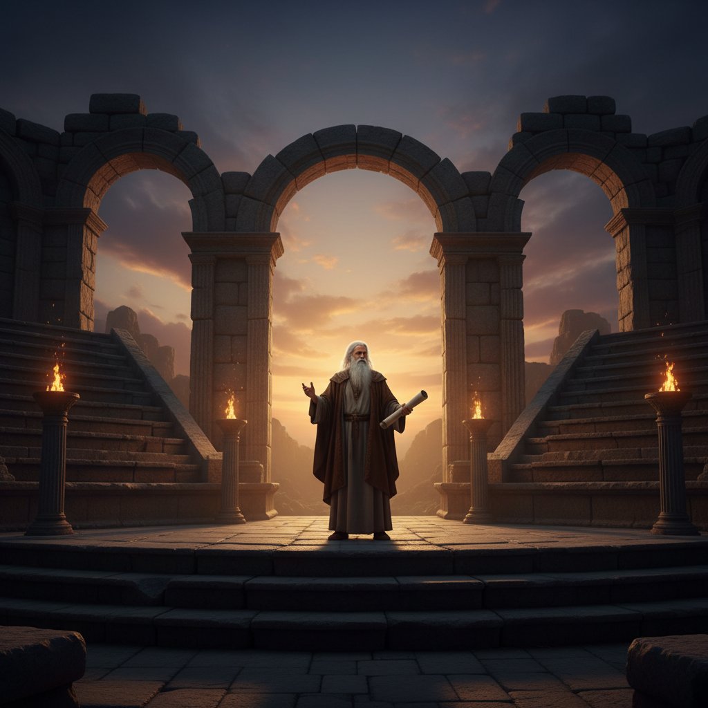 Ancient poet reciting epic verse to a rapt audience in a stone amphitheater at dusk, dramatic lighting