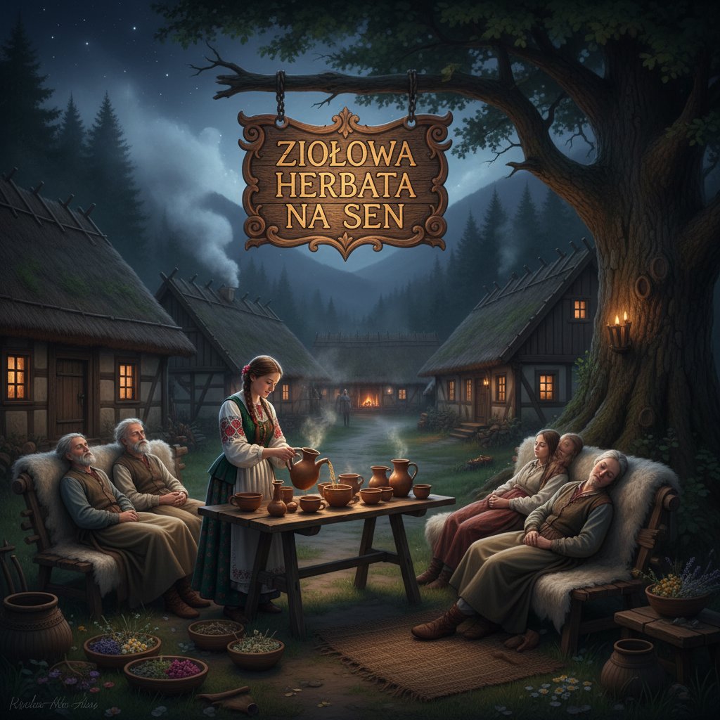 Starożytna polska wieś, kobieta przygotowująca napar z ziół na sen