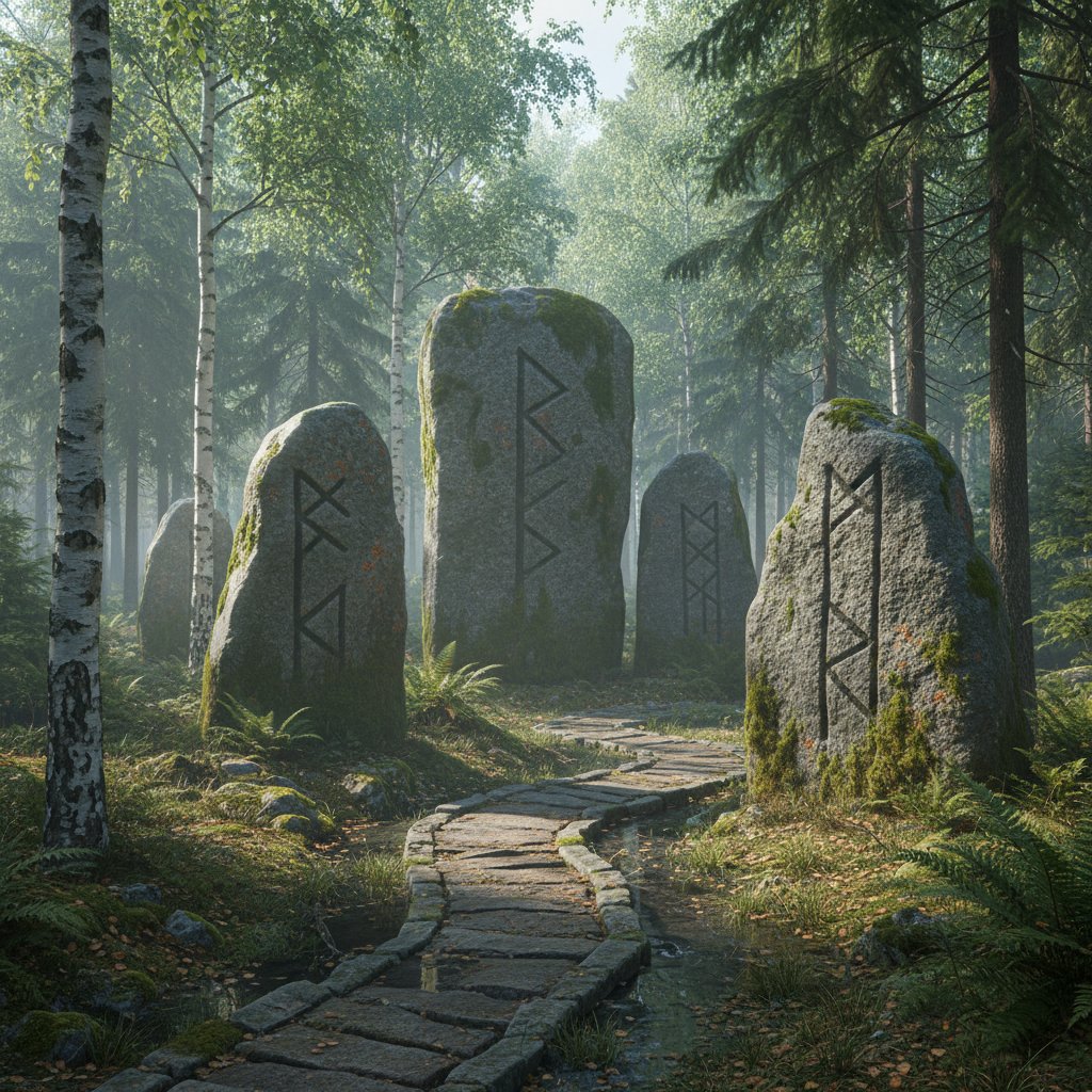 Stare kamienie runiczne w lesie, mglisty skandynawski krajobraz