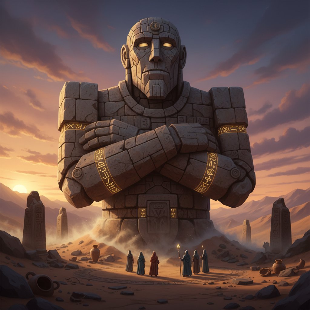 Starożytna rzeźba przedstawiająca Golema wśród ludzi, atmosfera tajemnicy i niepokoju