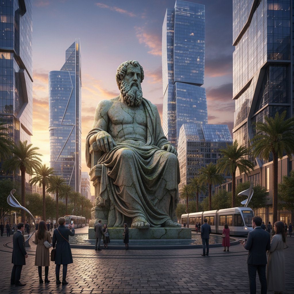 Starożytna rzeźba symbolizująca filozofię cnót na tle nowoczesnych budynków w Polsce