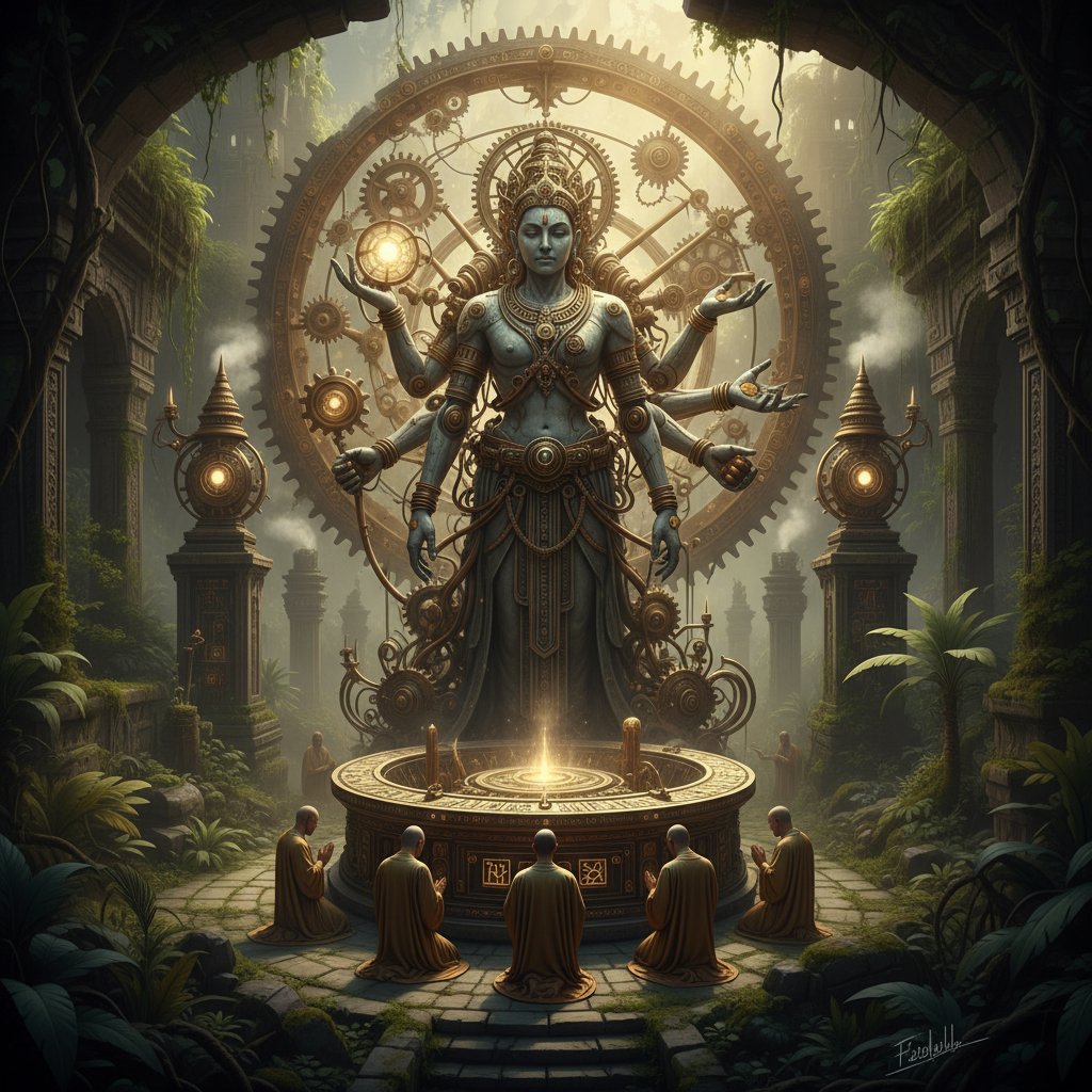 Starożytny mechaniczny posąg w świątyni, symbolizujący połączenie maszyn i religii