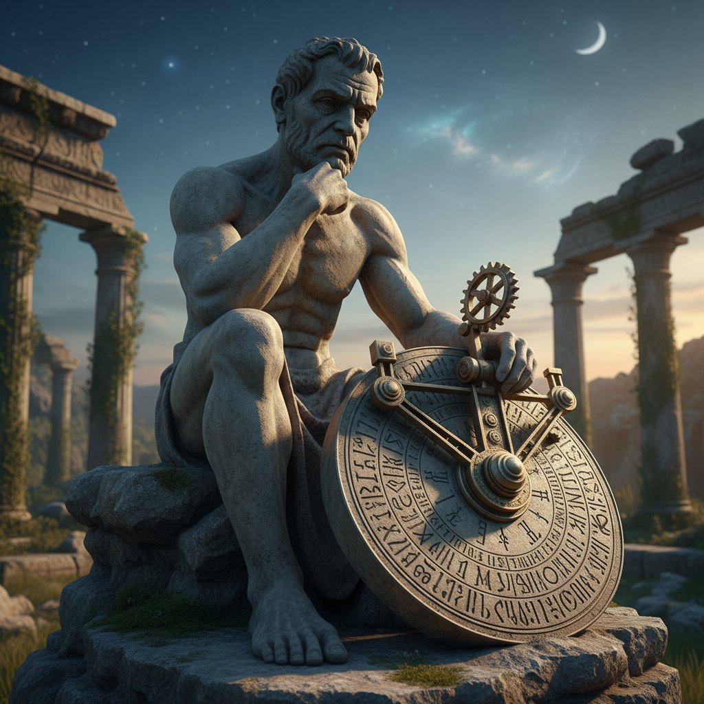 Antyczna rzeźba myśliciela trzymającego narzędzie – symbol początku refleksji nad techniką