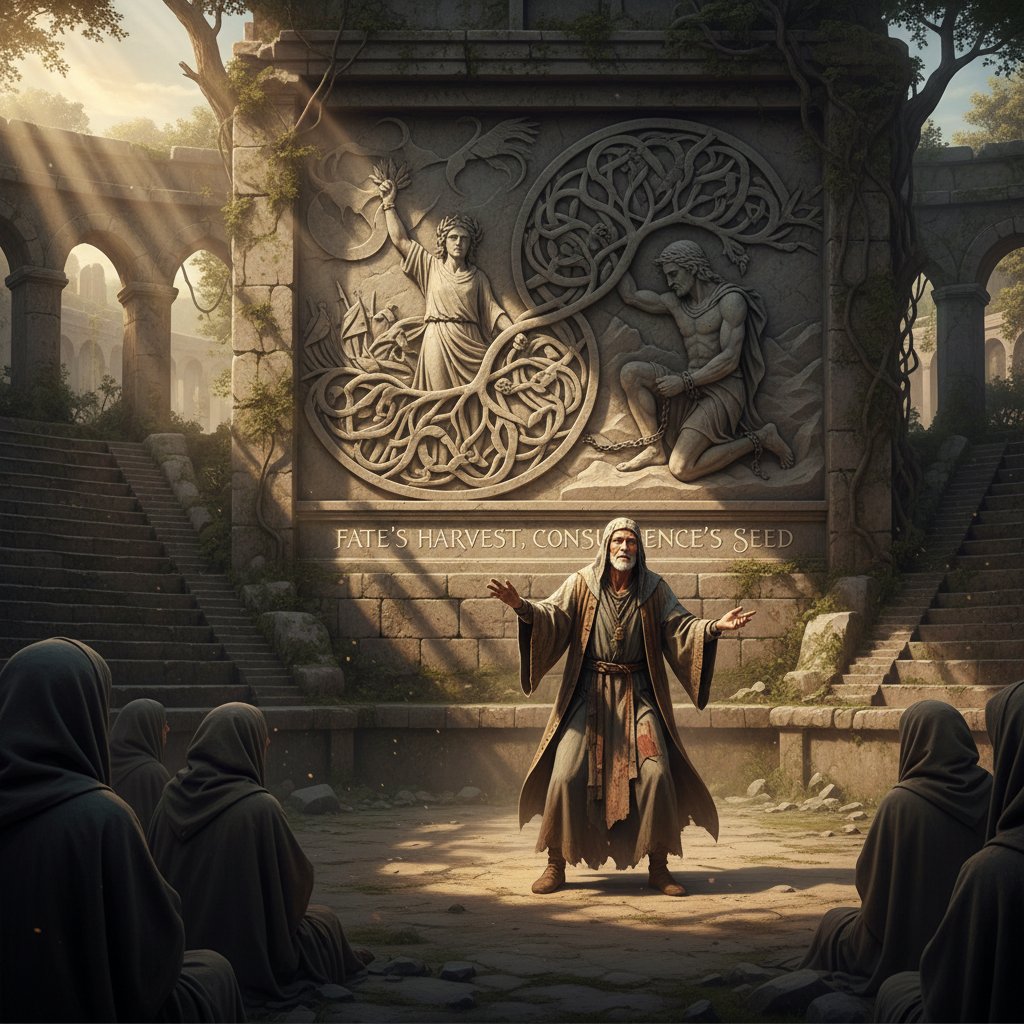 Cinematic photo of ancient storyteller casting shadows, symbolizing fate and consequence, with atmospheric lighting