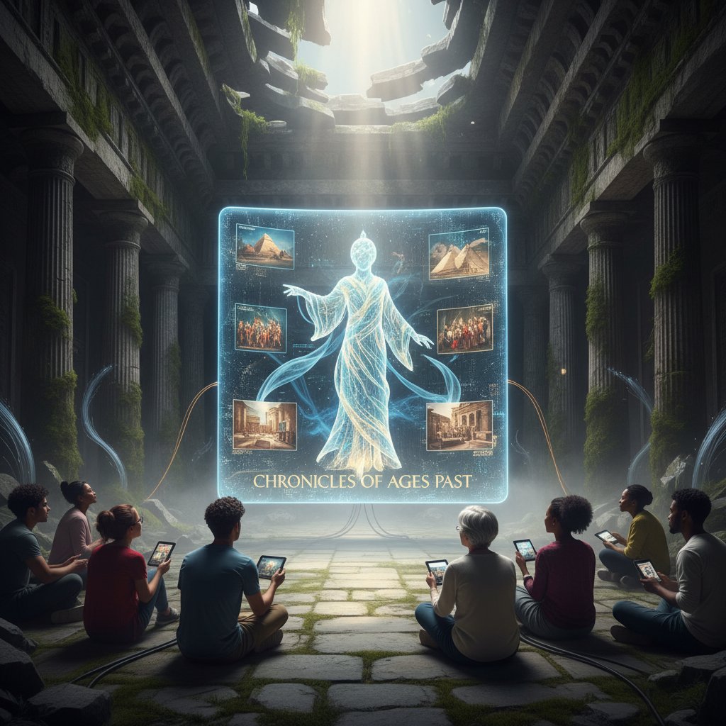 Starożytna świątynia oraz nowoczesny ekran z cyfrowym awatarem, kontrast tradycji i nowoczesności, słowa kluczowe: cyfrowy awatar storytelling historia