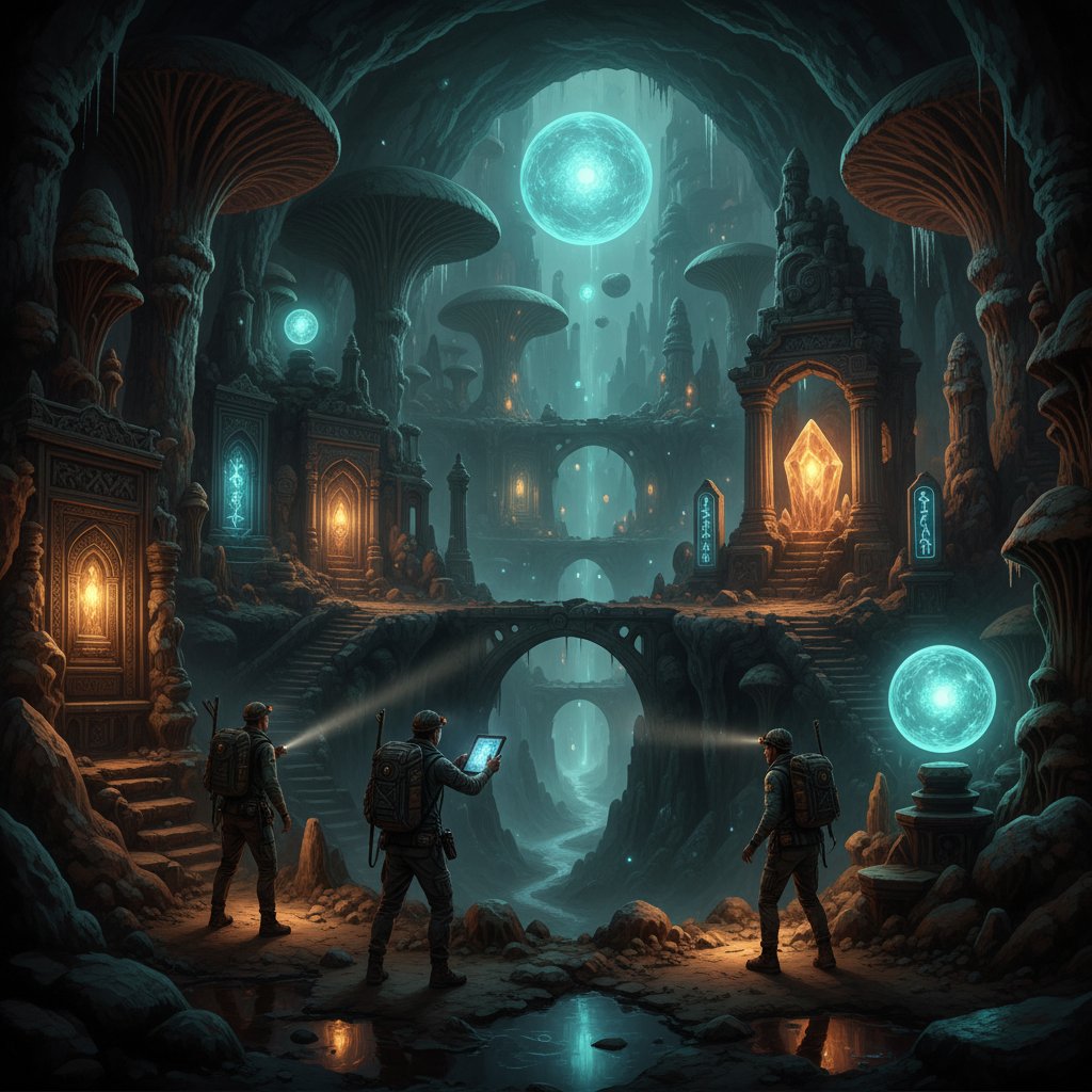 Ancient underground city as imagined in early myths, explorers and mysterious glowing artifacts featured