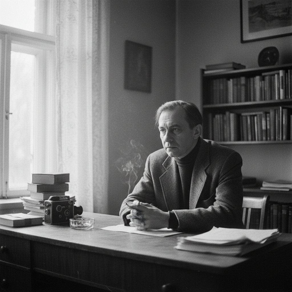 Andrei Tarkovsky, pioneer of contemplative cinema--black-and-white-director-portrait