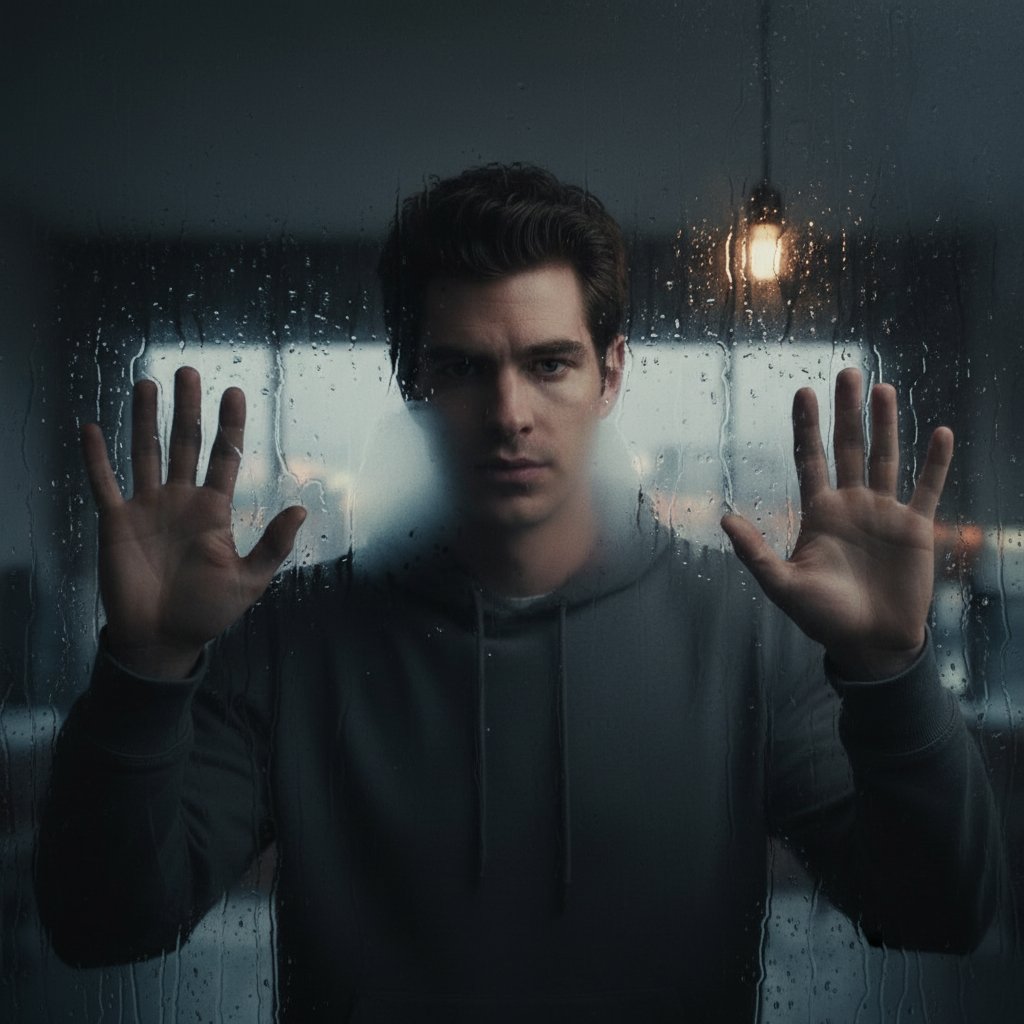 Symbolic, high-contrast photo of Andrew Garfield behind a glass wall, representing the isolation of fame