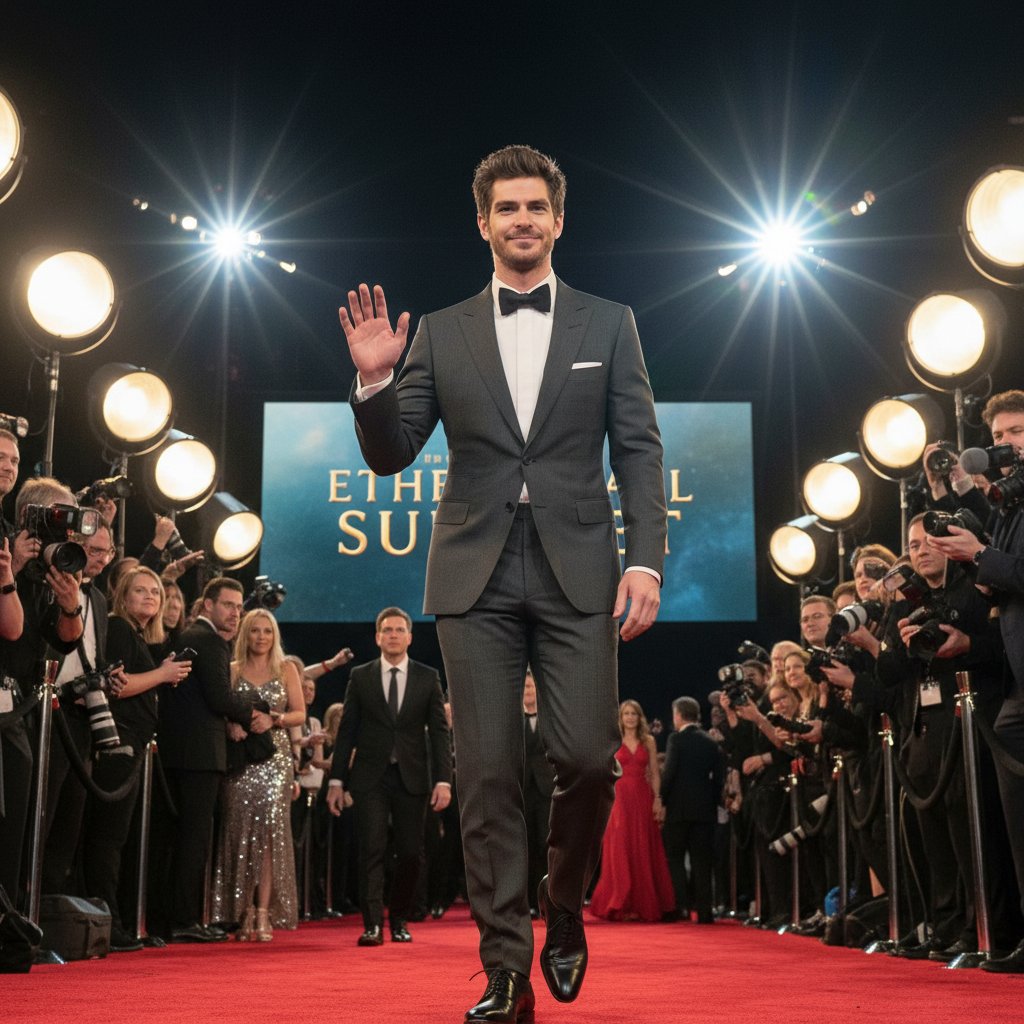 Futuristic photo of Andrew Garfield under bright lights at a film premiere, hinting at upcoming roles in 2025