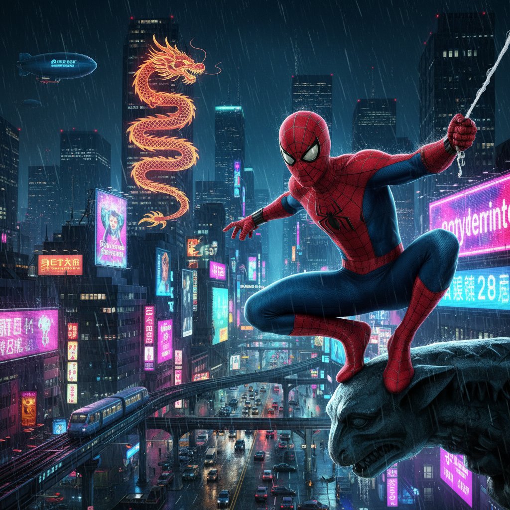 Cinematic, stylized shot of Andrew Garfield as Spider-Man, masked, standing against a neon-lit city skyline