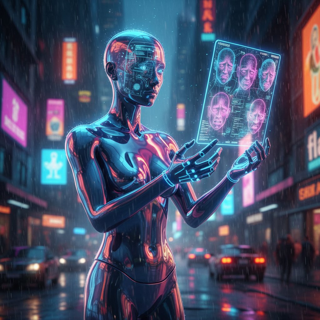 Androgyniczny humanoidalny AI analizuje wyraz twarzy człowieka w miejskim, nocnym otoczeniu