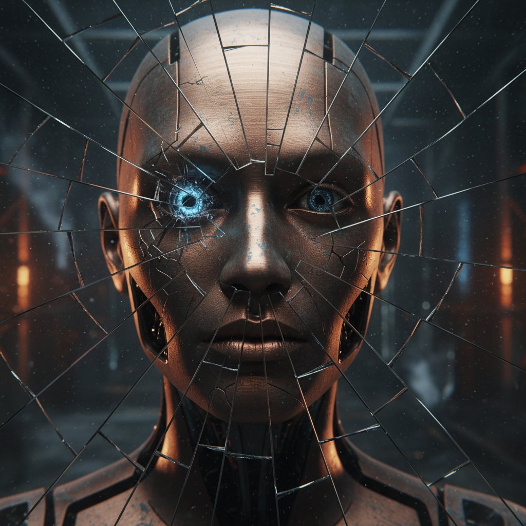 Android patrzy na swoje odbicie w pękniętym lustrze