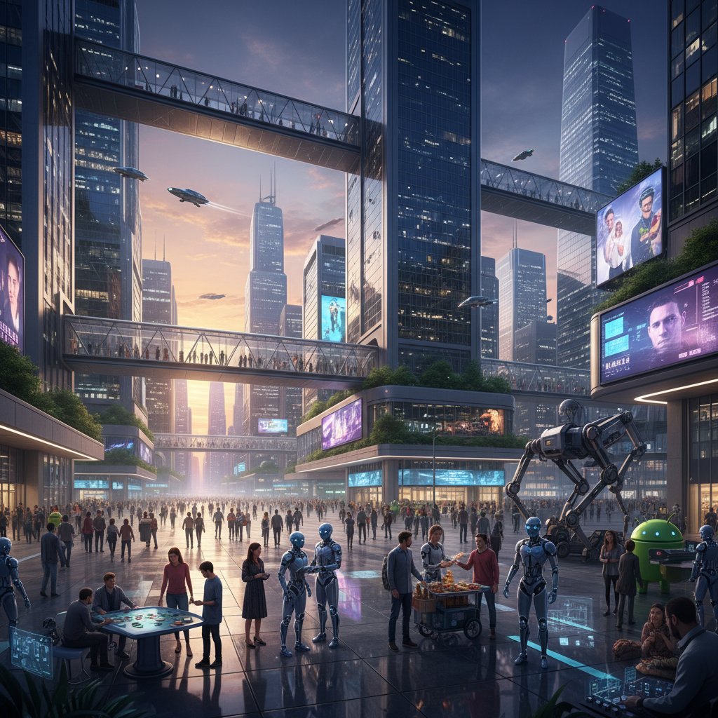 Ludzie i androidy współistniejący w nowoczesnym mieście w 2050 roku