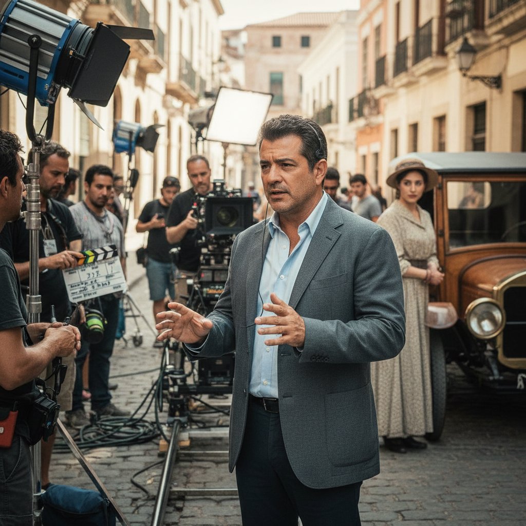 Andy Garcia behind the camera directing actors, candid film set, high contrast