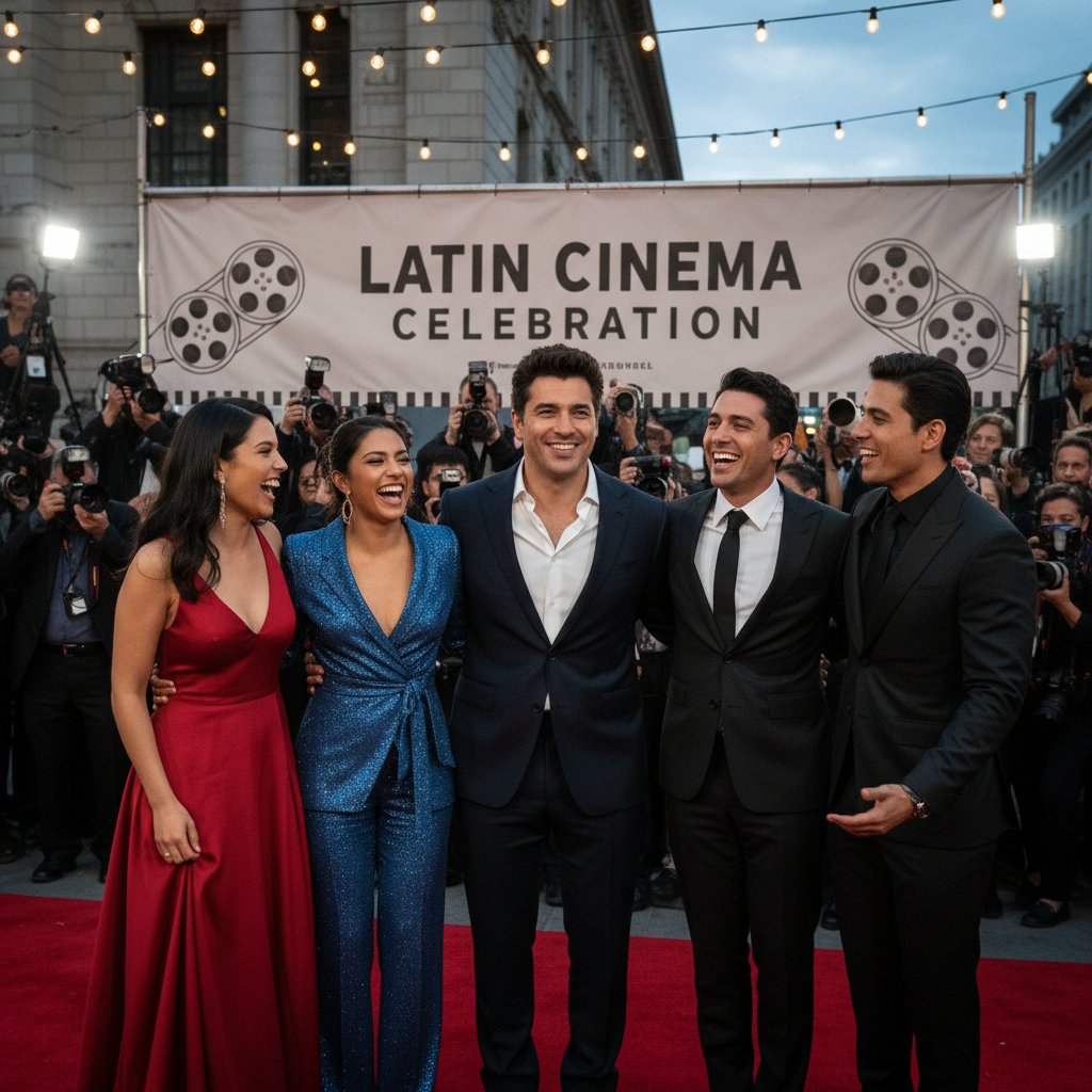 Andy Garcia with young Latinx actors at a film festival, group portrait, natural light