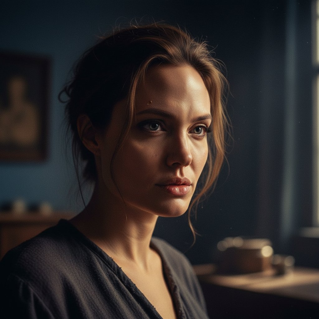 Angelina Jolie mid-performance, focused expression, dimly lit film scene