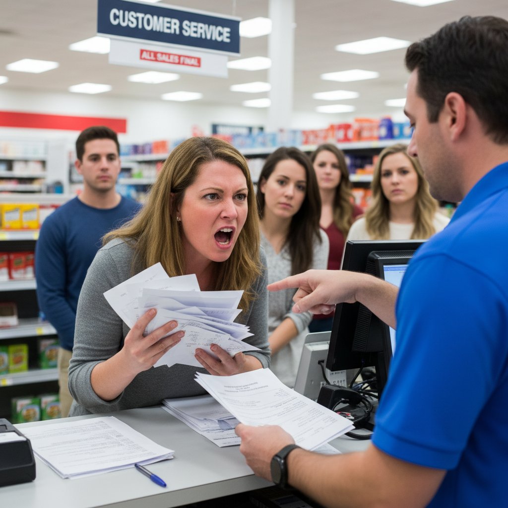 Zdenerwowany konsument zgłaszający reklamację w sklepie, dokumenty w dłoni, napięcie w atmosferze