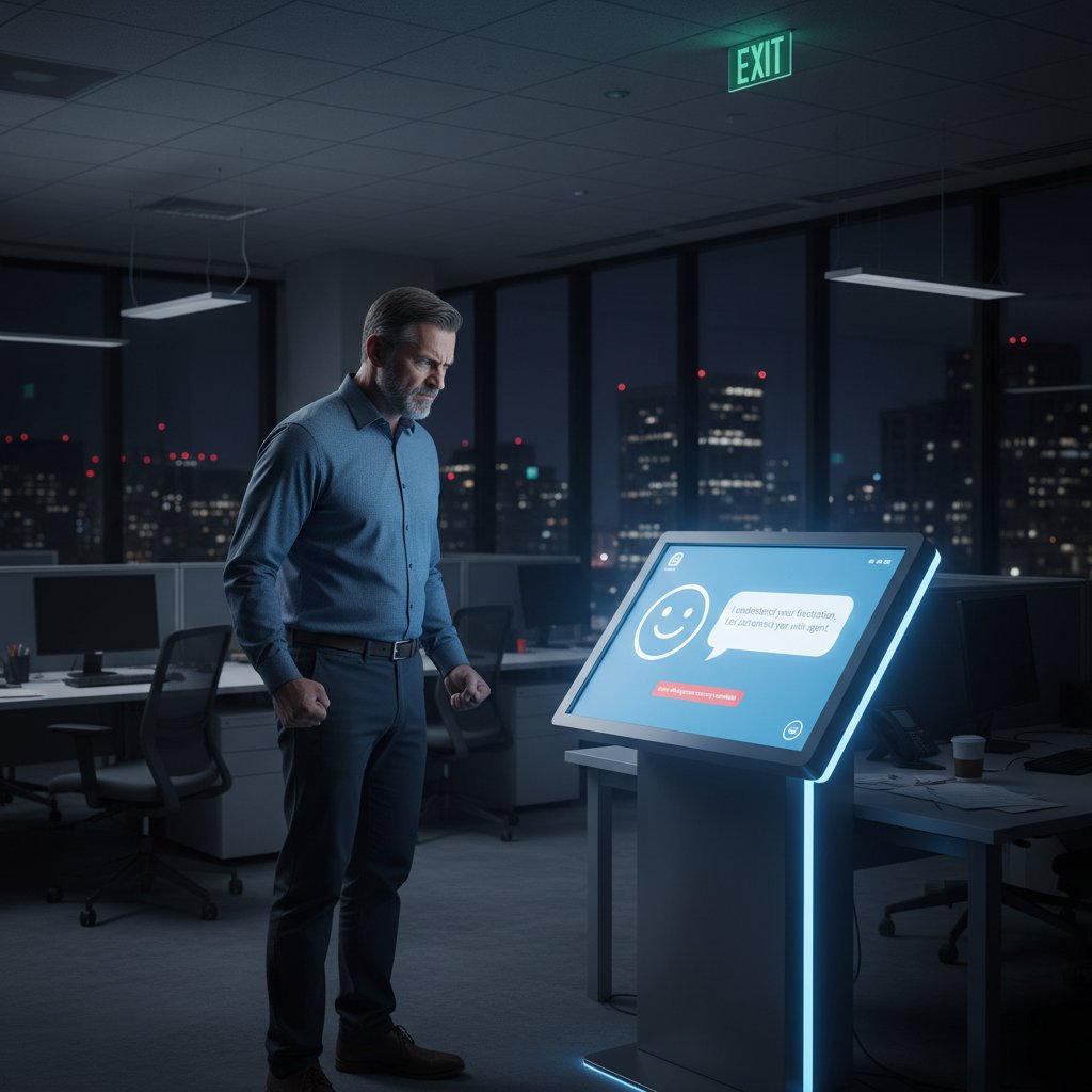 Agresywna dyskusja między klientem a chatbotem w biurze ubezpieczeniowym, wieczorem