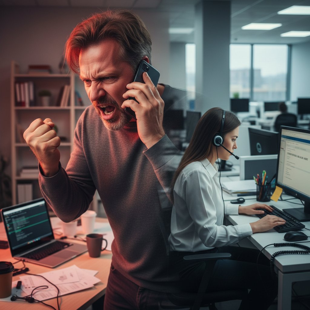 Zdenerwowany klient rozmawiający przez telefon z obsługą klienta, biuro call center, emocje, presja czasu