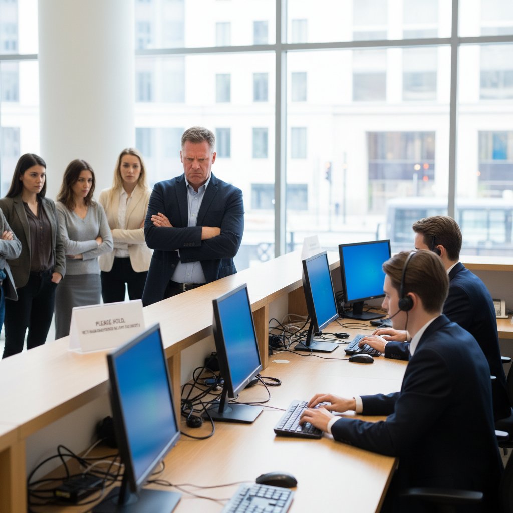 Klient zirytowany czekaniem na odpowiedź przez komputer, widoczne emocje