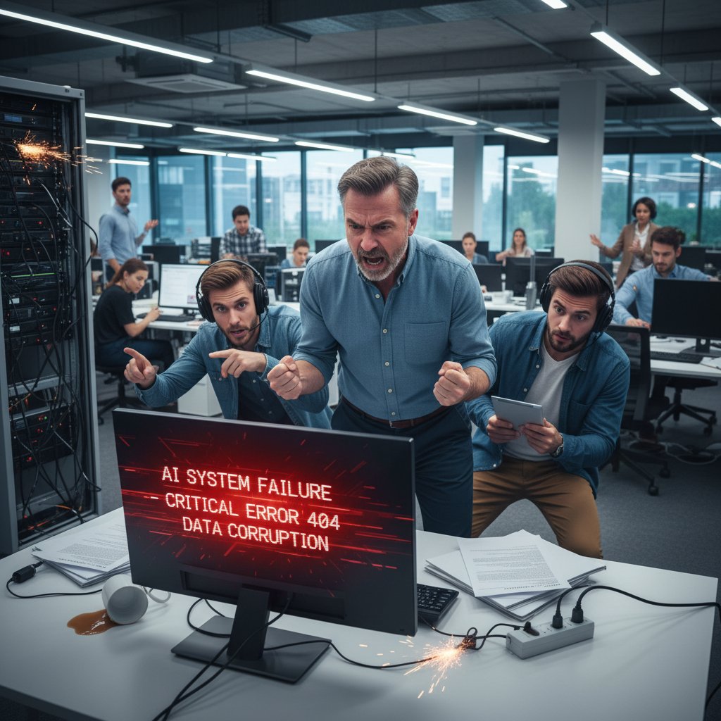 Zdenerwowany menedżer przy komputerze, na ekranie błąd systemu AI