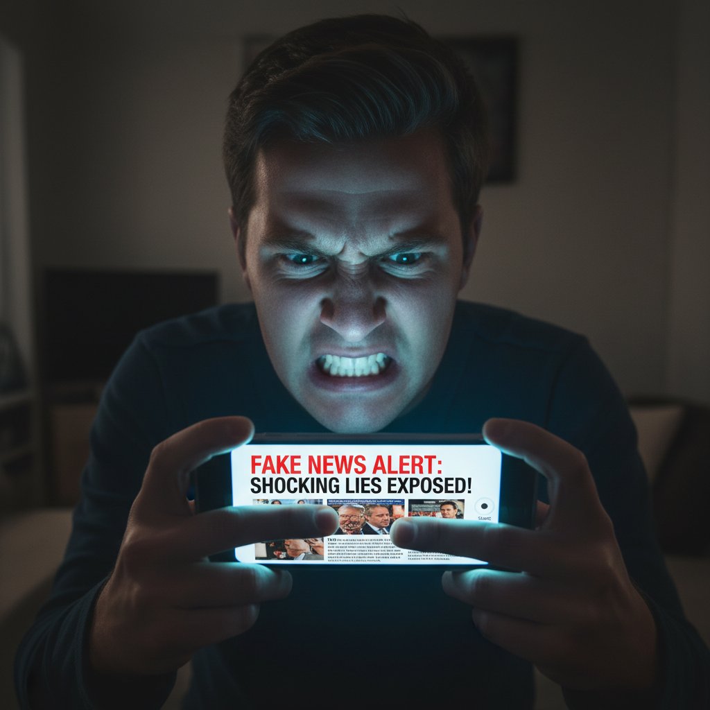 Rozgniewana osoba przeglądająca dezinformujące artykuły na smartfonie, światło ekranu