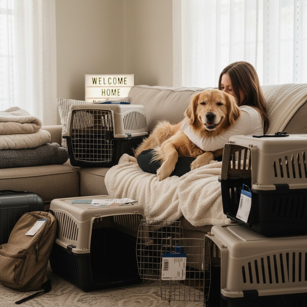 Animal being comforted at home post-flight, animal transport flights, soft lighting