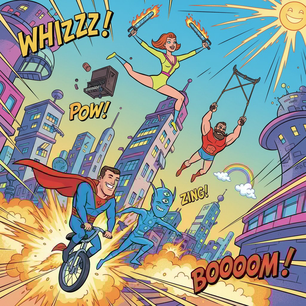 2D animated characters performing physics-defying stunts in a colorful, comic style