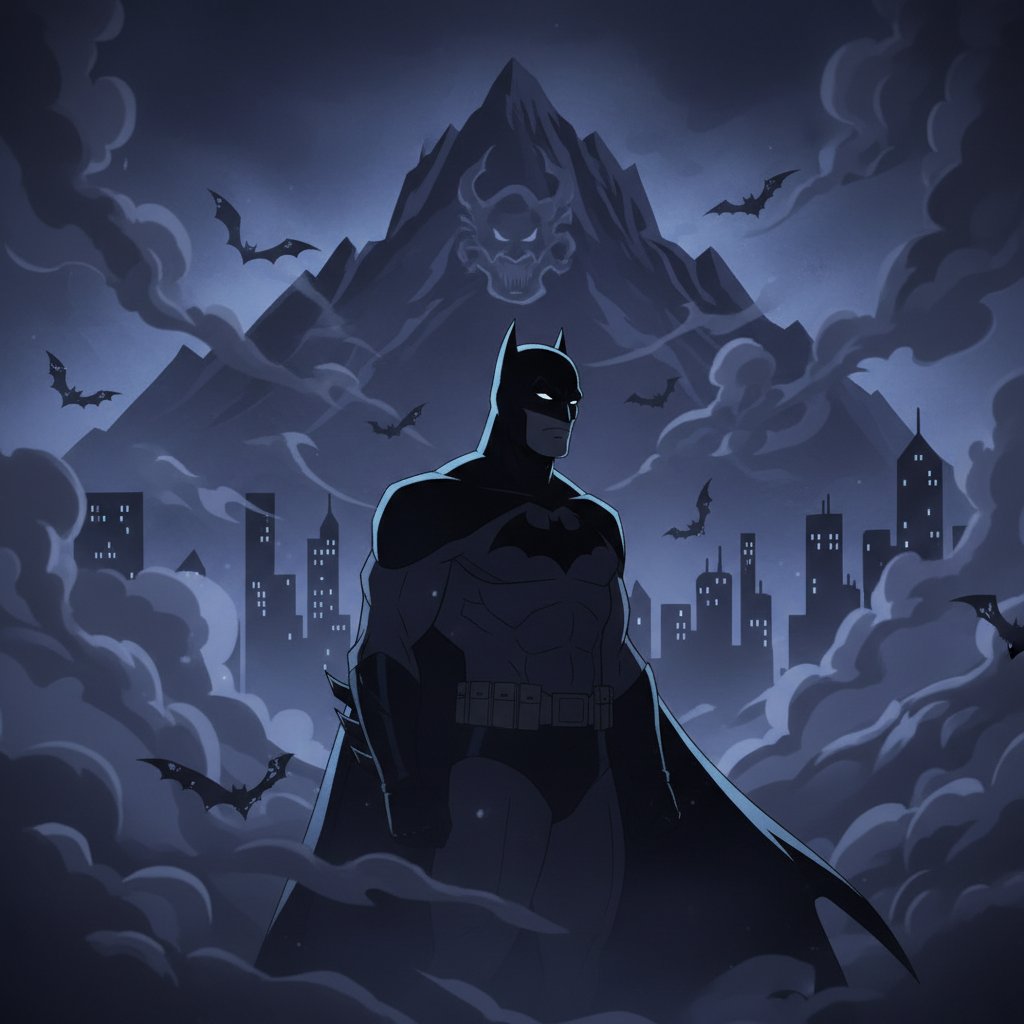 Animated Batman silhouetted in mist