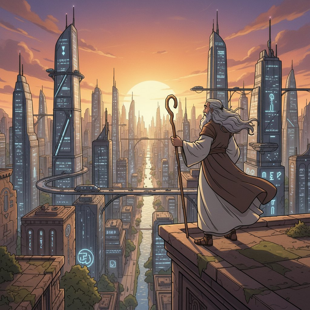 Animated biblical character walking through a surreal modern city, representing the innovation and diversity of animated biblical movies