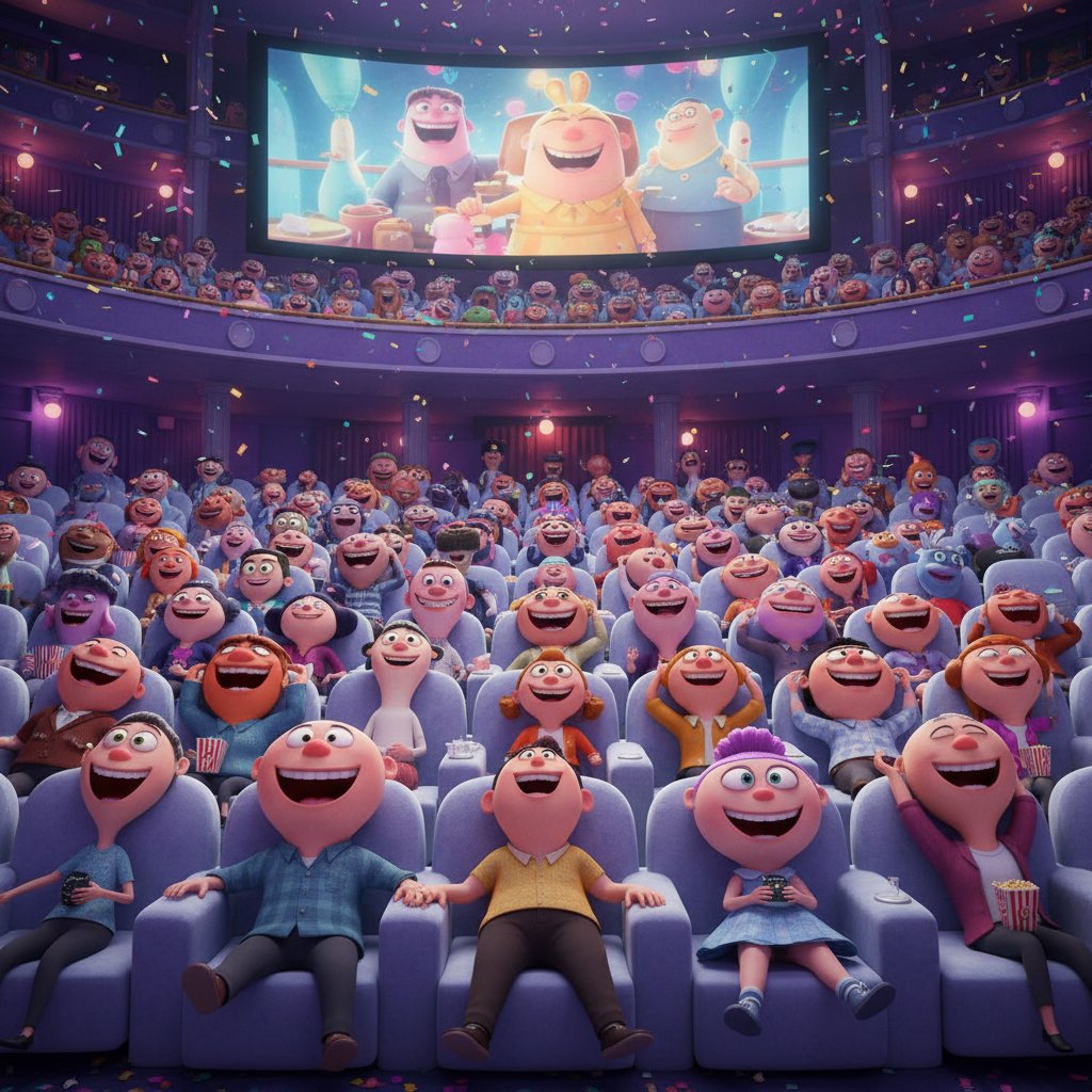 Animated characters in 3D movie, colorful scene, cinema audience smiling
