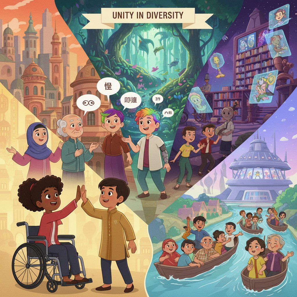 Group of animated characters from varied backgrounds standing together, emphasizing diversity and inclusion in animation