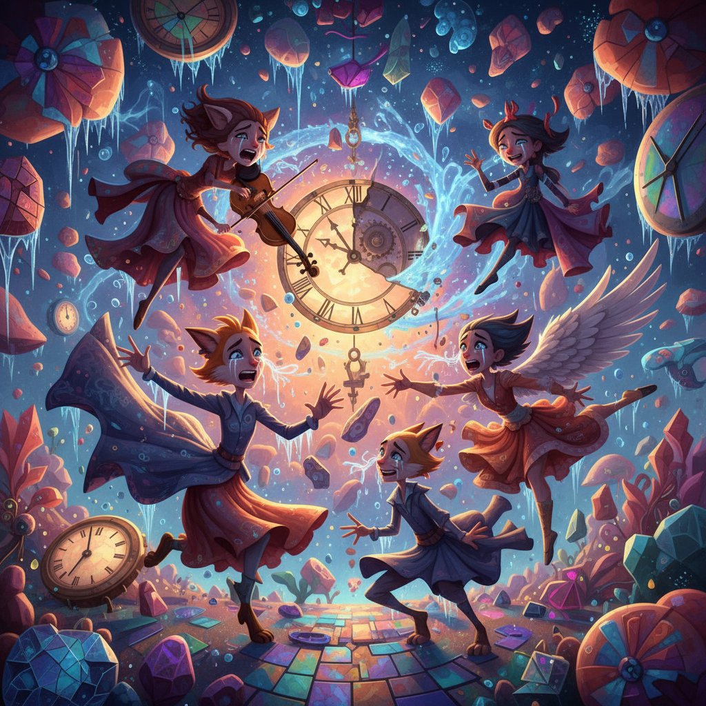 Animated characters in a surreal, time-frozen landscape with vibrant colors showing the emotional side of time-stop movies