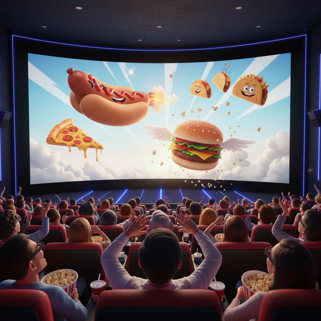 Animated food flying towards audience, kids and adults laughing in cinema