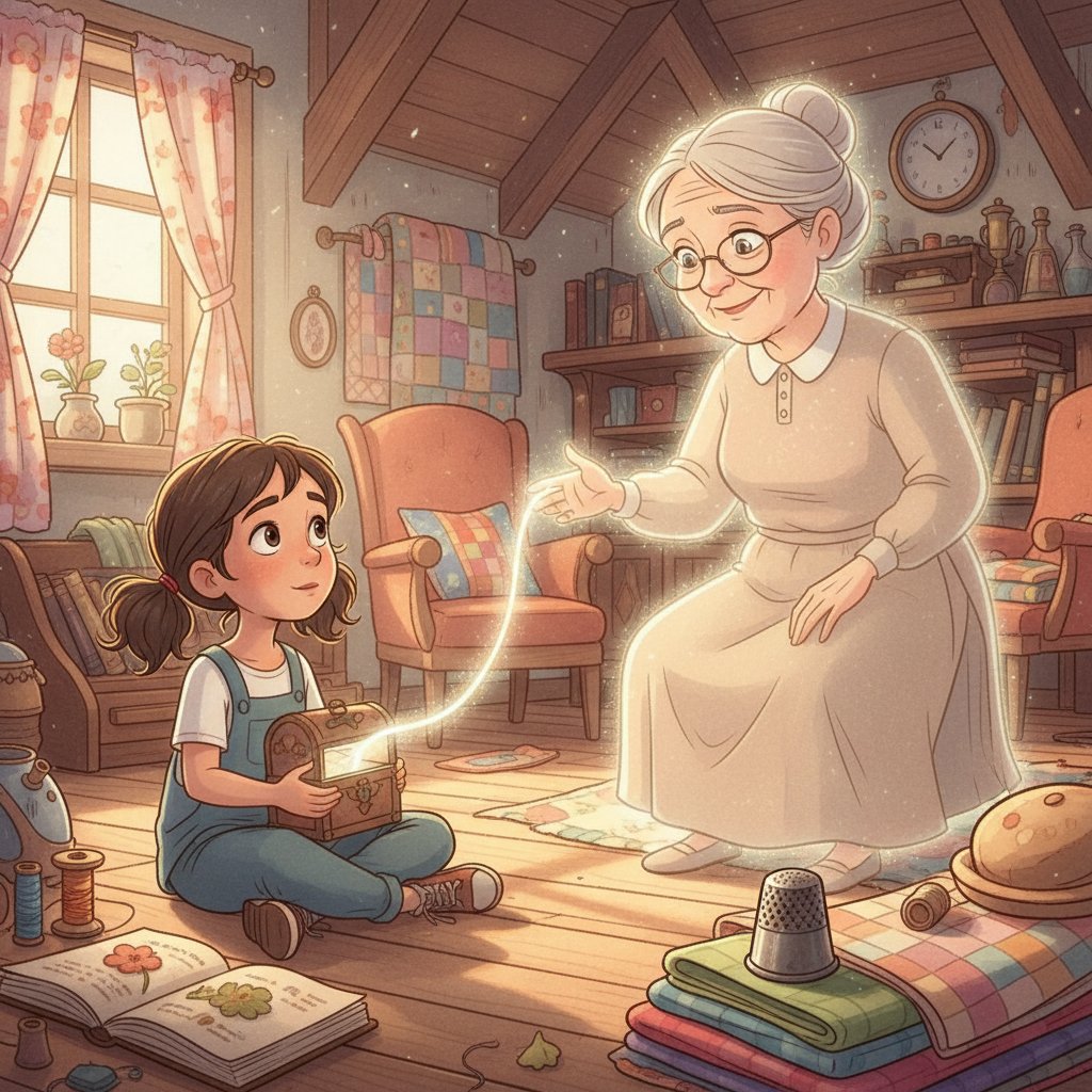 An animated scene of a child and elderly figure surrounded by symbolic objects of grief