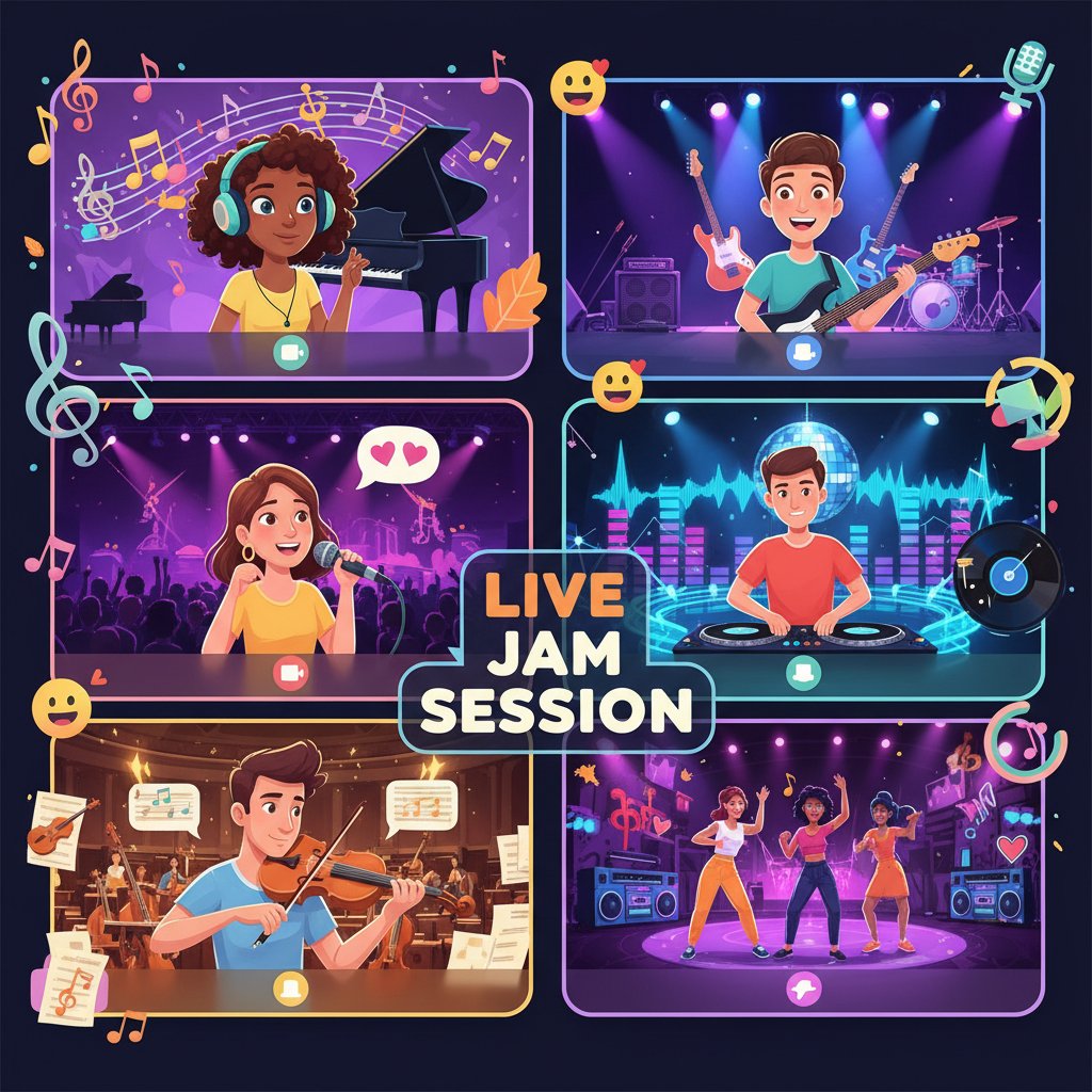 Grupowa wideokonferencja z motywem muzycznym, osoby na tle instrumentów i plakatów