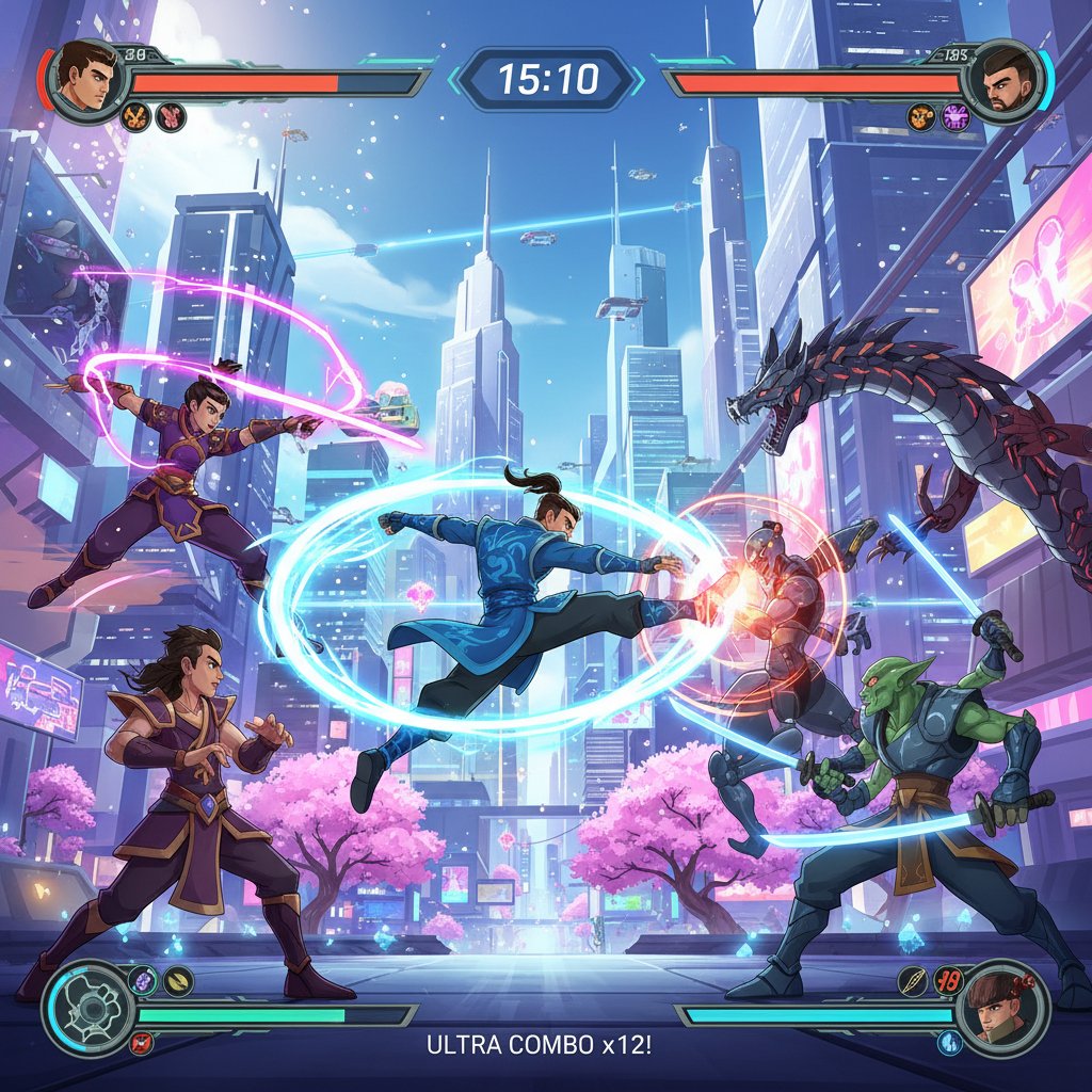 Animated kung fu characters in a vibrant, action-filled video game world