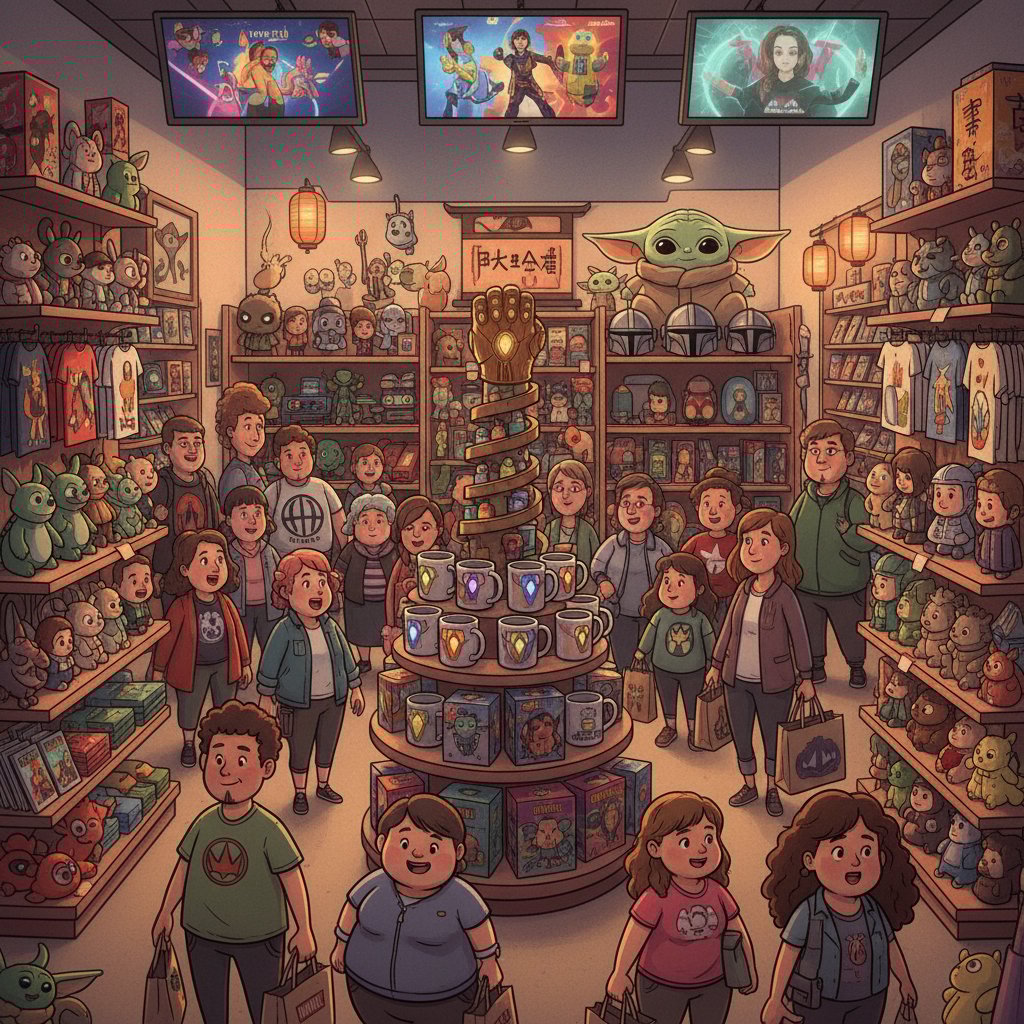 Animated merchandise in a pop culture store, fans taking selfies with movie-inspired products