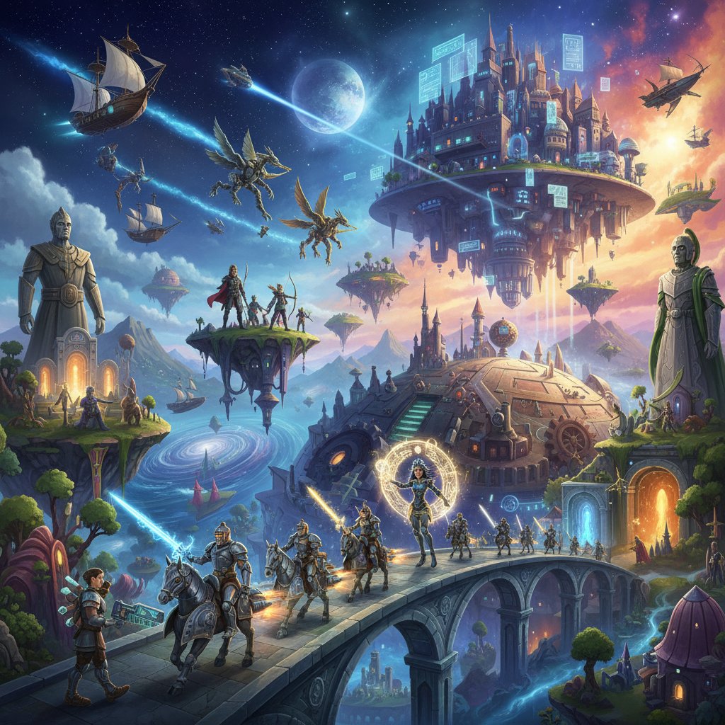Animated sci-fi and fantasy characters in a surreal landscape, symbolizing the diversity of genres
