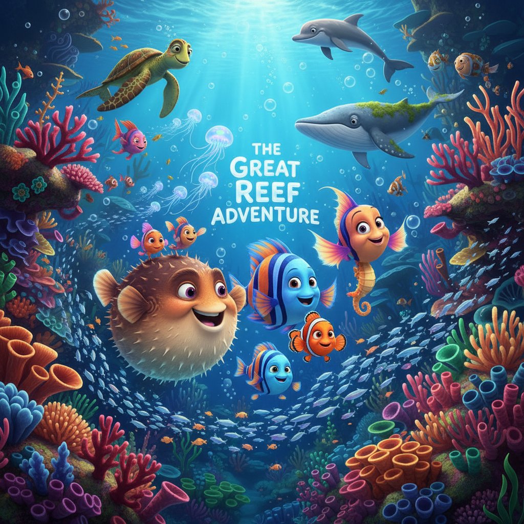 Animated ocean movie characters in a vibrant underwater scene, ideal for family-friendly viewing