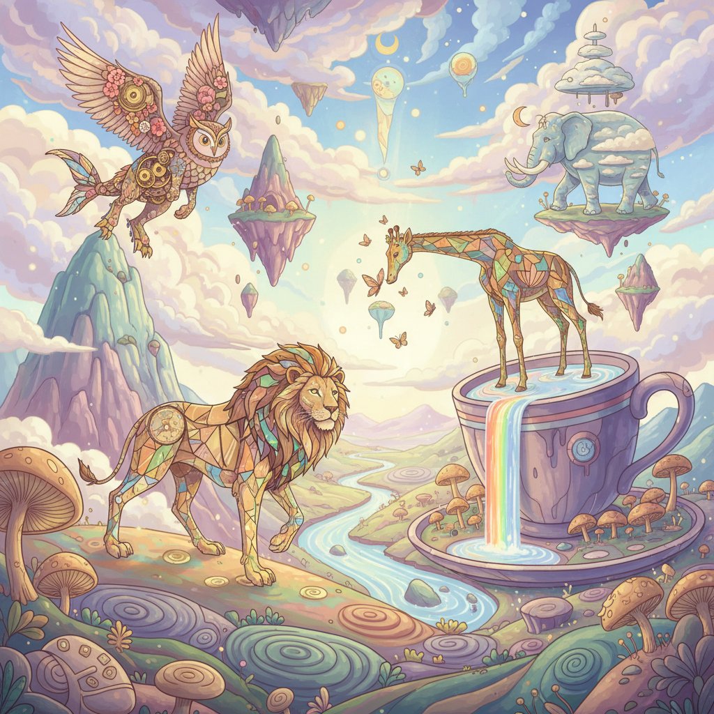 Surreal animated animals in a dreamlike scene, representing the weird side of wildlife movies