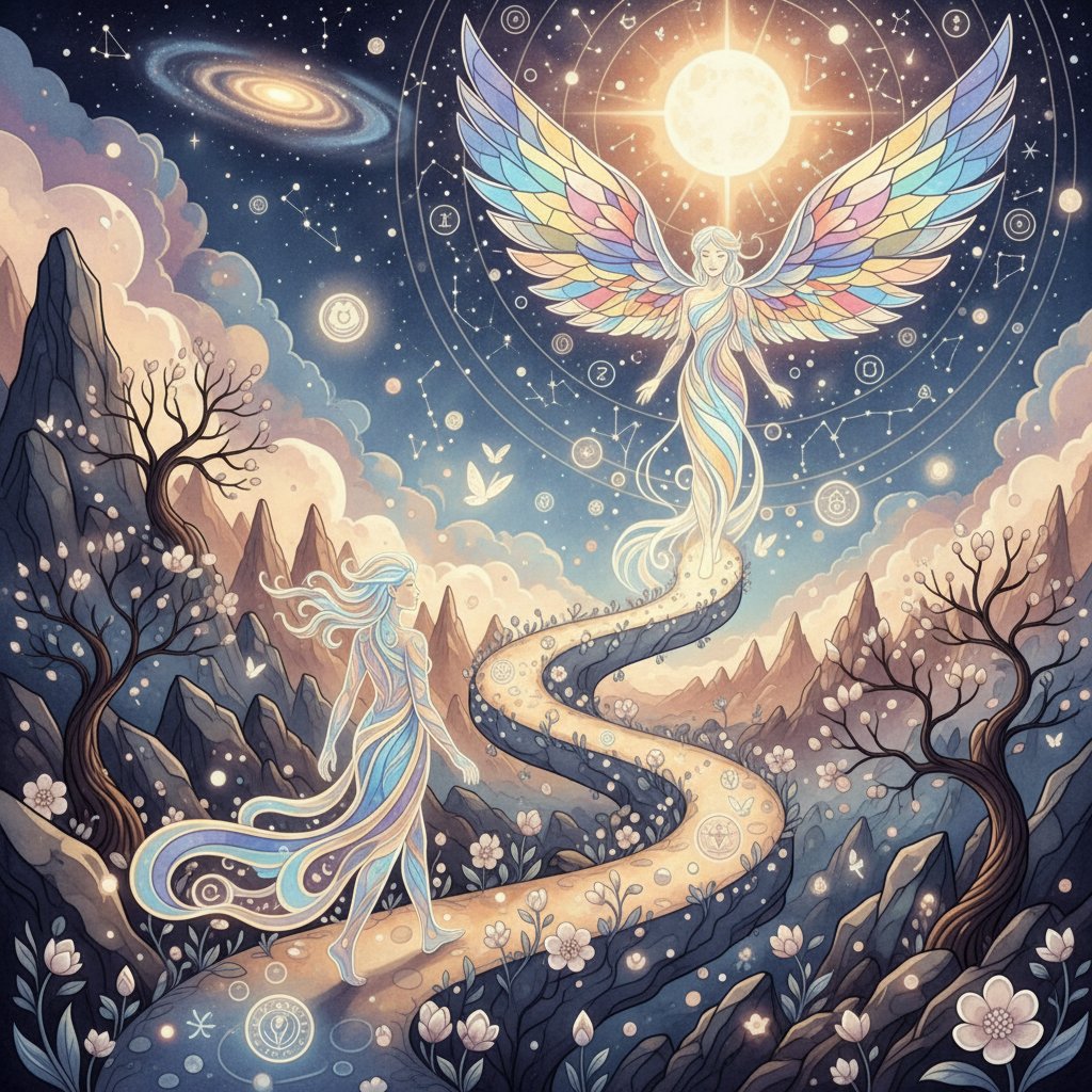 Artistic animation representing a spiritual journey, visually rich scene, transformation