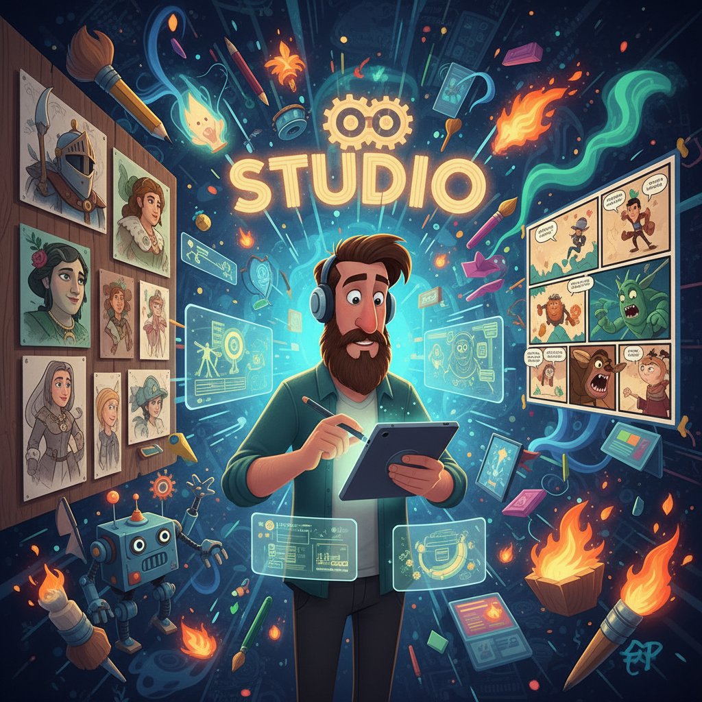 Famous animation director at work in a vibrant studio, surrounded by character designs and storyboards