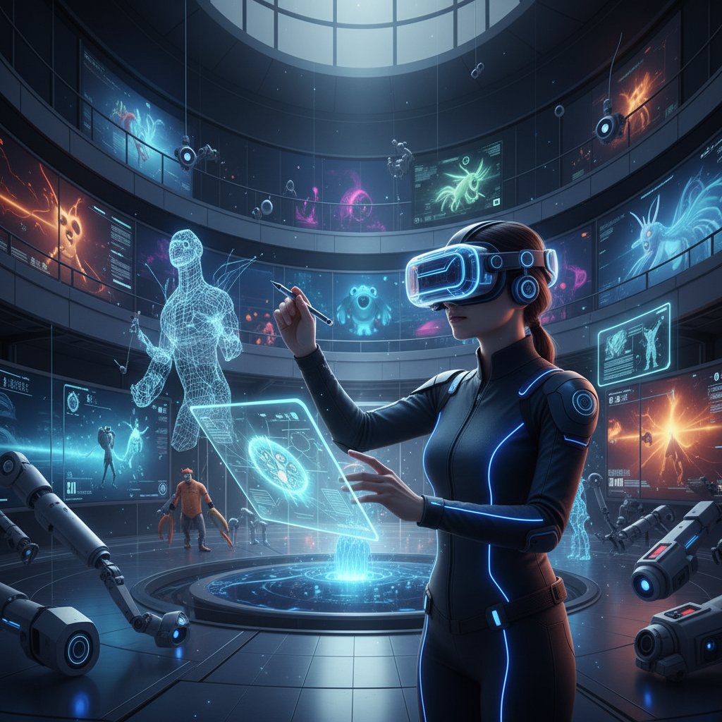 Animator creating VR animation in high-tech studio, animation movies at tech frontier
