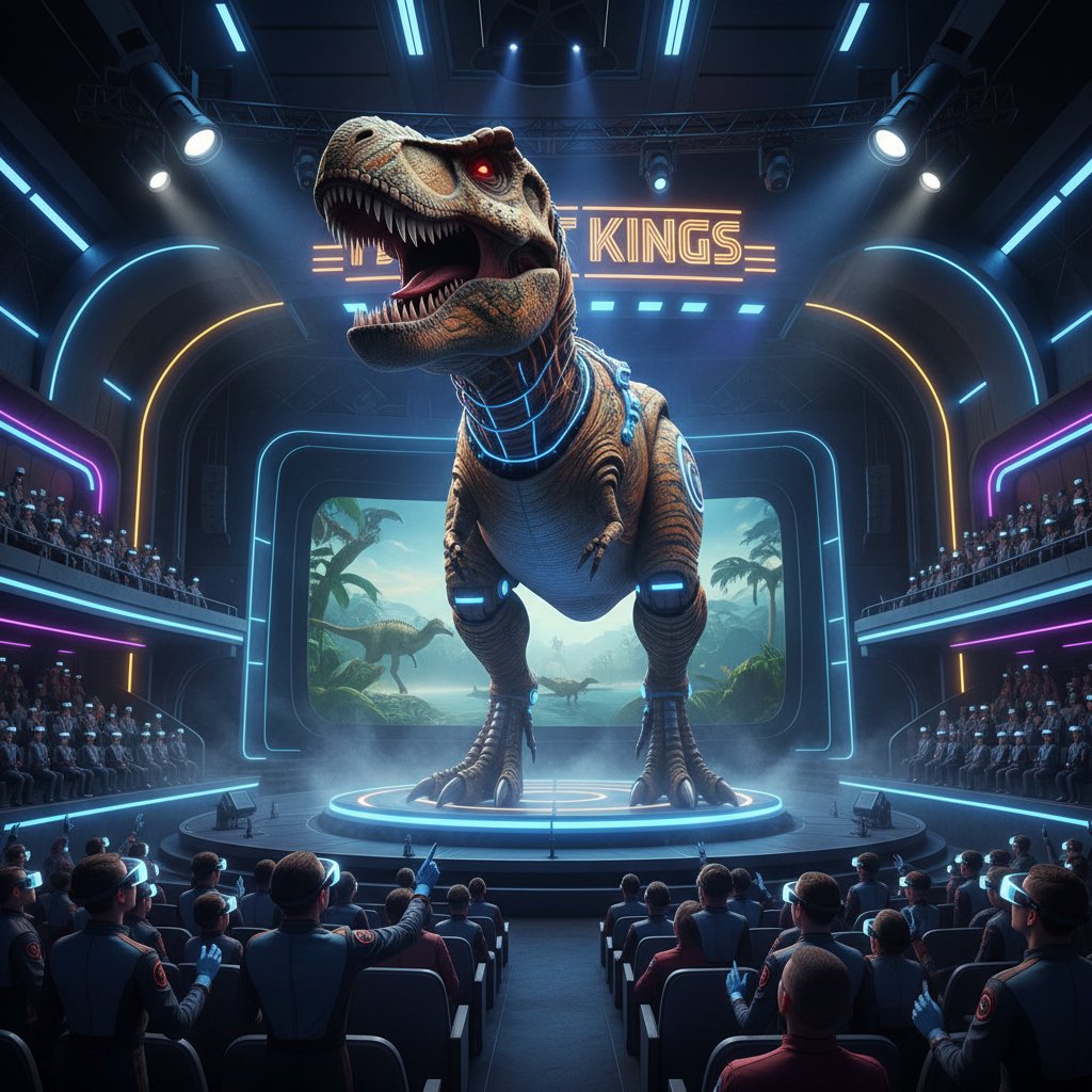 Epic animatronic T. rex towering over stunned audience in a retro-futuristic theater, cinematic lighting, Jurassic Park movies