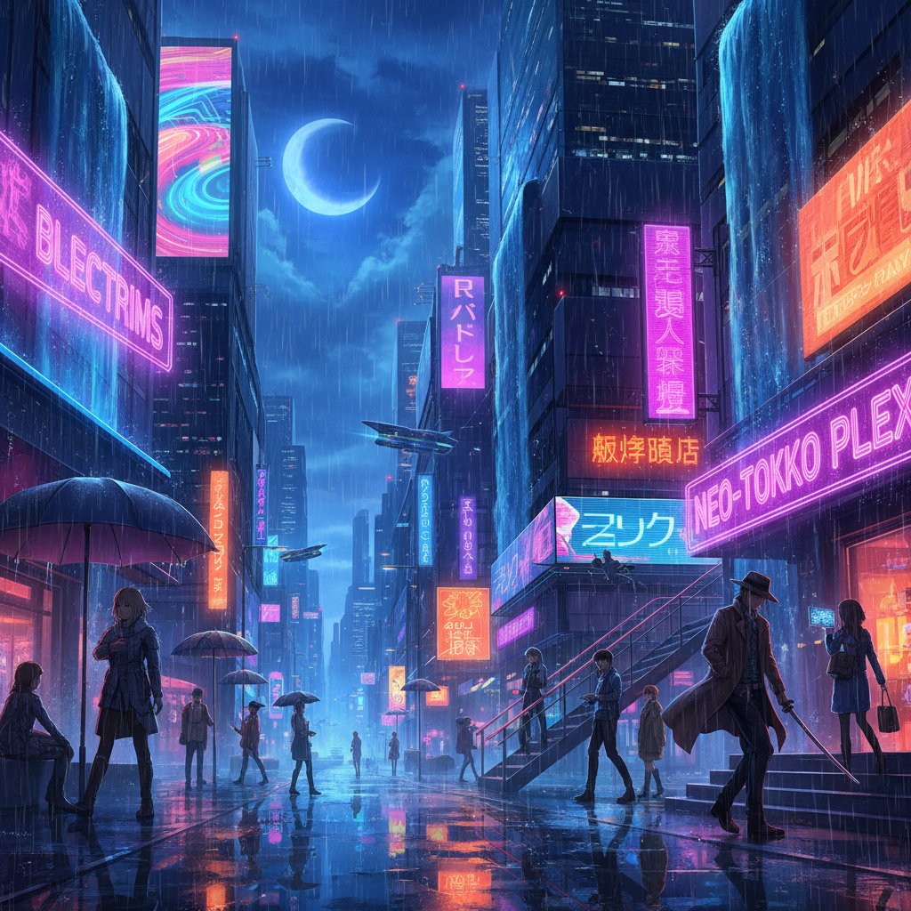 Anime-inspired cityscape at night with characters mid-action but frozen in a neon-lit, hyperreal style capturing the essence of time-stop in anime cinema