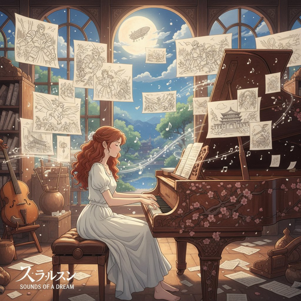 Anime movie composer creating a film score, silhouette at grand piano with storyboards, anime movies
