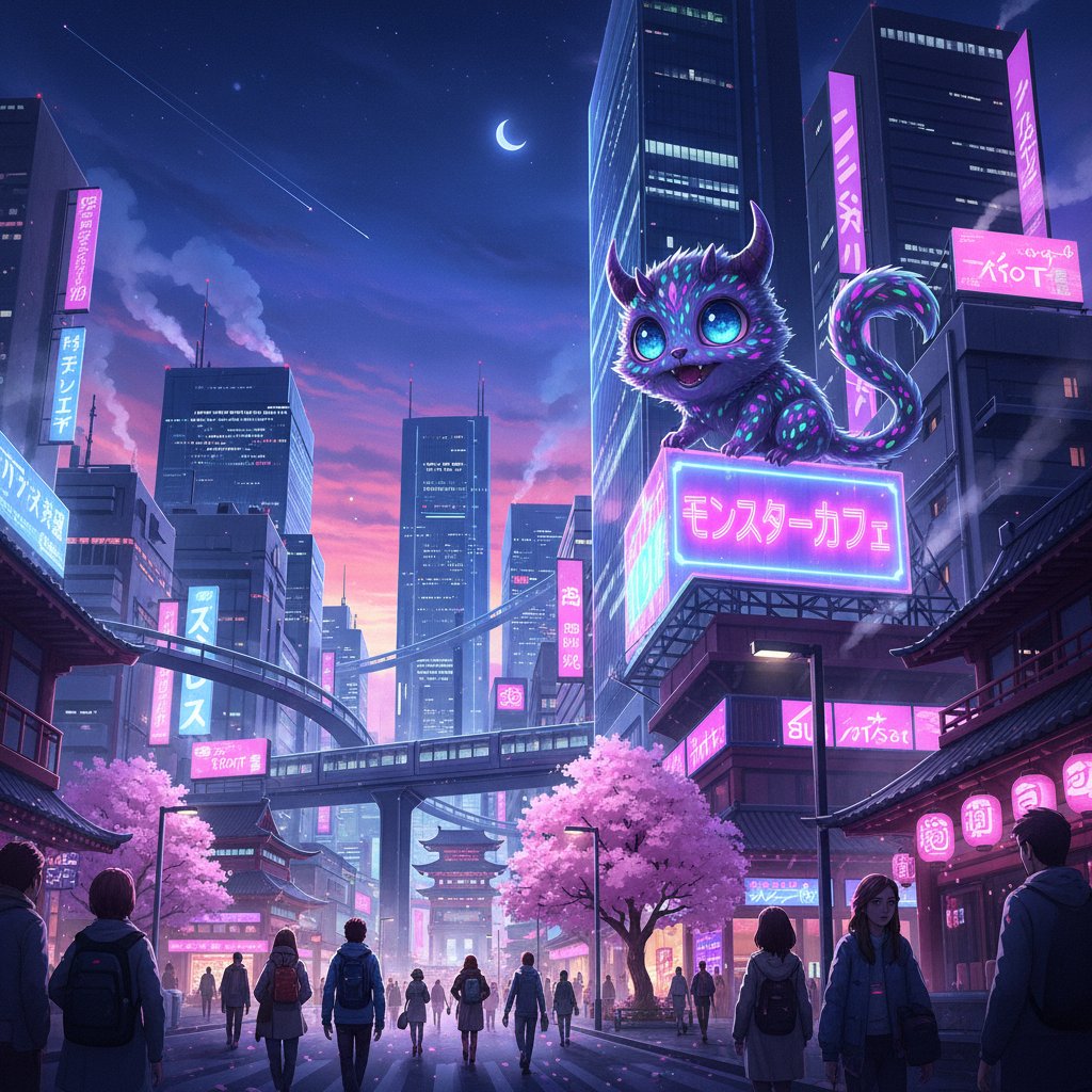 Anime-style tiny monster in urban Tokyo setting