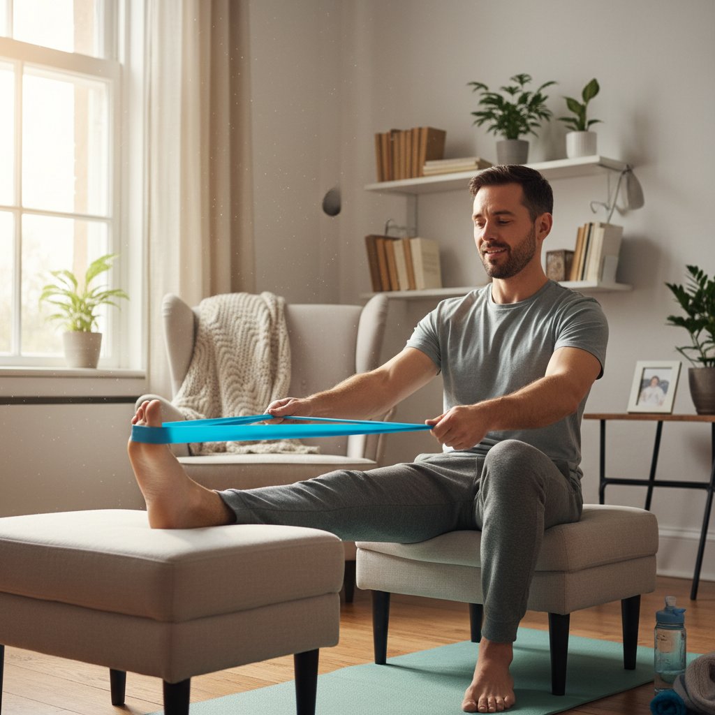 Mężczyzna wykonuje delikatne ćwiczenia stawu skokowego po zdjęciu opatrunku, domowa sceneria, skupienie