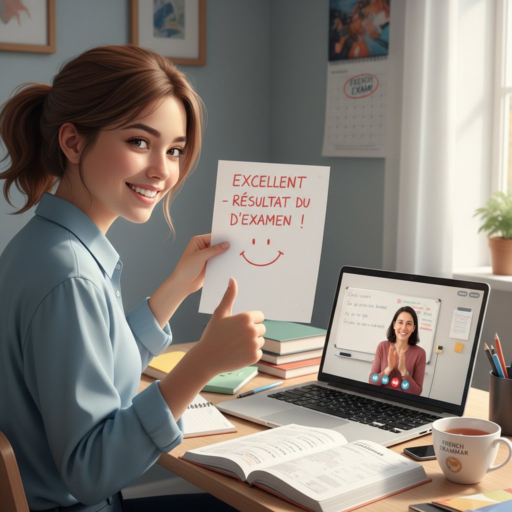 Anna, licealistka, podczas nauki francuskiego przez internet, radość z pozytywnego wyniku egzaminu